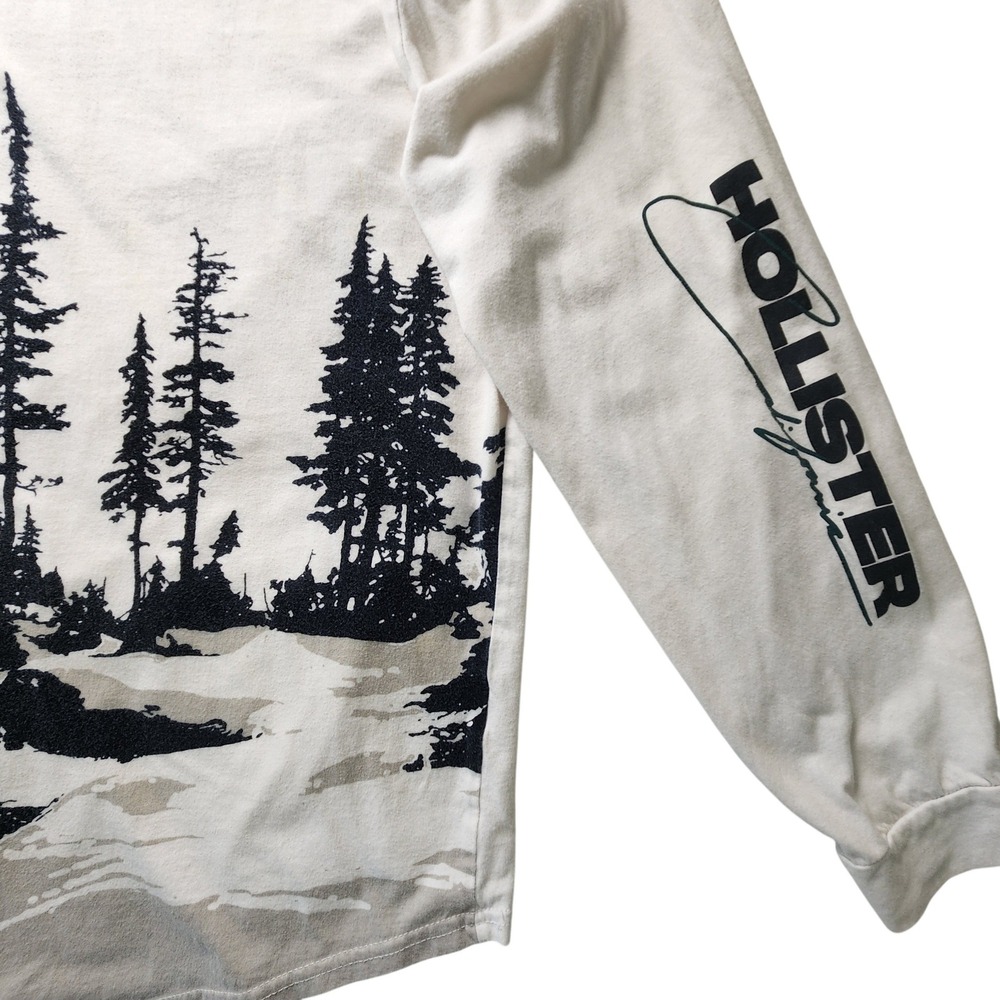 Hollister Mens Long Sleeve Graphic Tee Cream Pine Forest Landscape Print Large - Picture 6 of 7